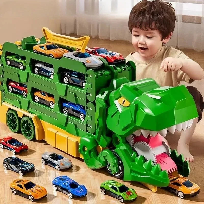 Camión Transportador de Dinosaurios con Pista de Carreras Plegable y 12 Coches de Aleación