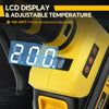 Close-up of a yellow cordless hot glue gun with an LCD display showing 200 degrees.