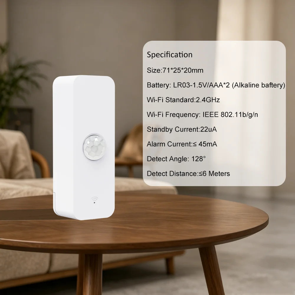 A white smart motion sensor device with a circular lens and specification details is placed on a wooden table.
