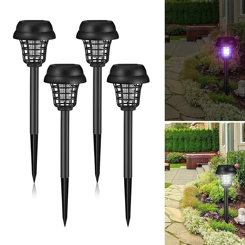 Un jeu de lampes anti-insectes à énergie solaire noires, montrées en divers modes d'éclairage et dans des environnements de j