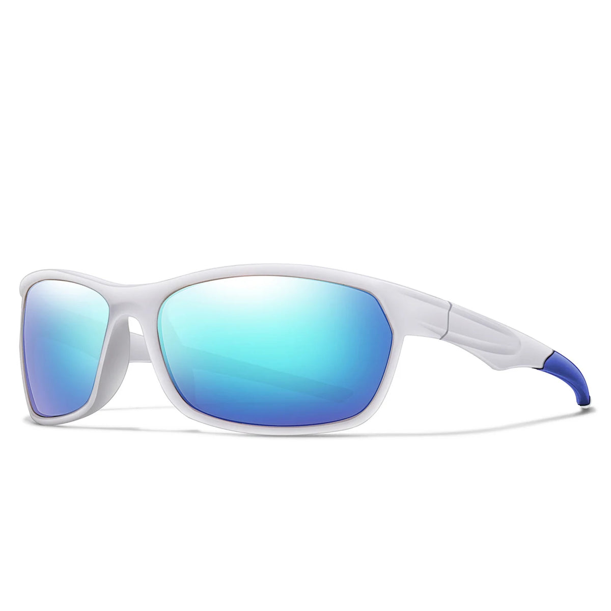 White polarized sports sunglasses with blue mirrored lenses and purple accents