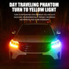A white car's front lights are illuminated with integrated synchronous yellow light dazzling.