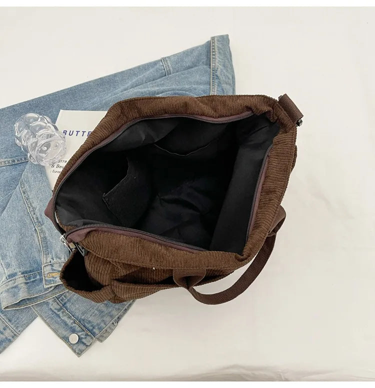 Multi-Pocket Corduroy Tote Bag – Large Capacity Casual Satchel for Travel, Work & Commute