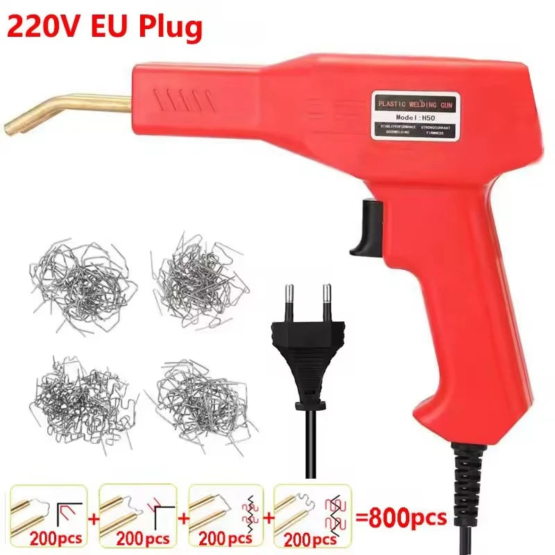 Red plastic welding gun and 800 pieces of hot nails for car and motorcycle repairs