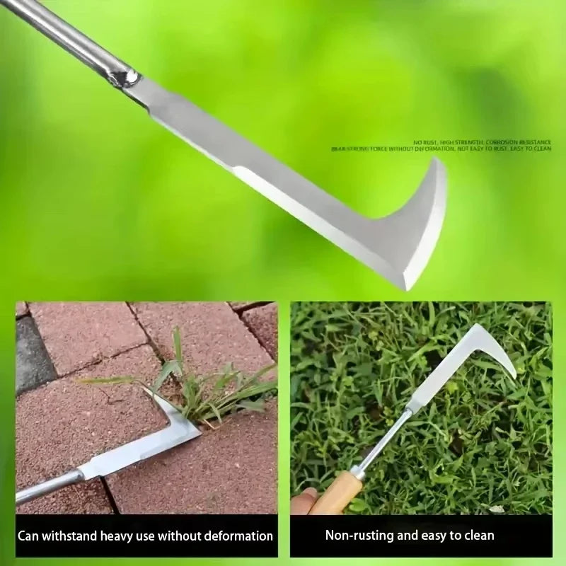 A silver carbon steel manual weeding tool set featuring a sickle, weeder, and hand shovel.
