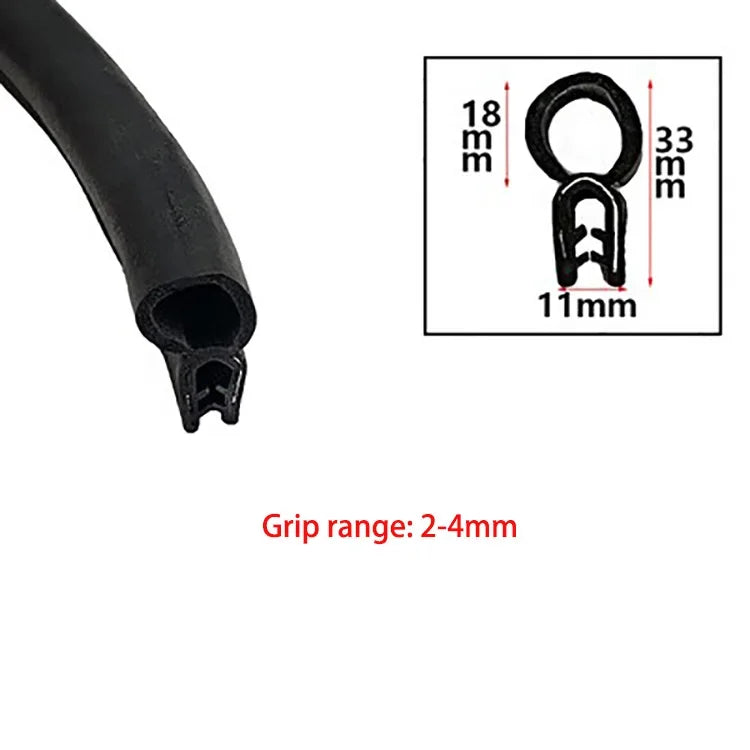 Black U-shaped EPDM rubber edge trim with a metal hook for grip
