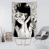 A gothic tapestry featuring a stylized, pale face with unsettling eyes and intricate line work against a swirling background.