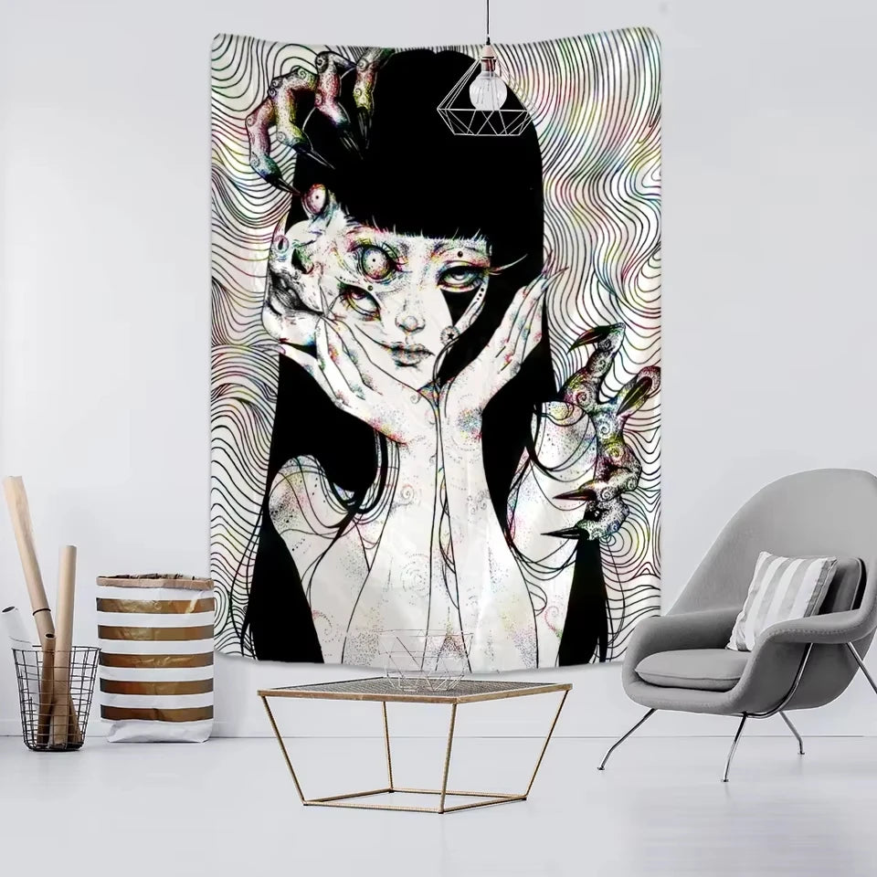 A gothic tapestry featuring a stylized, pale face with unsettling eyes and intricate line work against a swirling background.