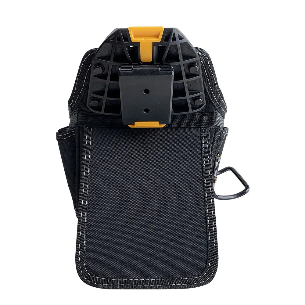 Black heavy-duty construction tool pouch with a clip and hammer loop.