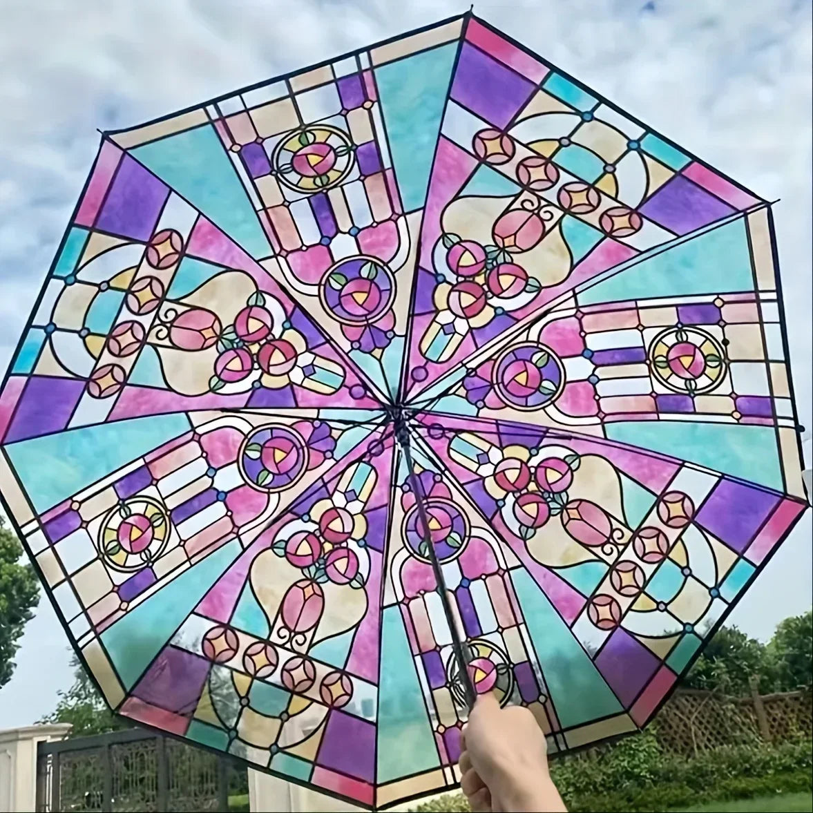 Stained Glass Arch Umbrella with Wind-Resistant Frame