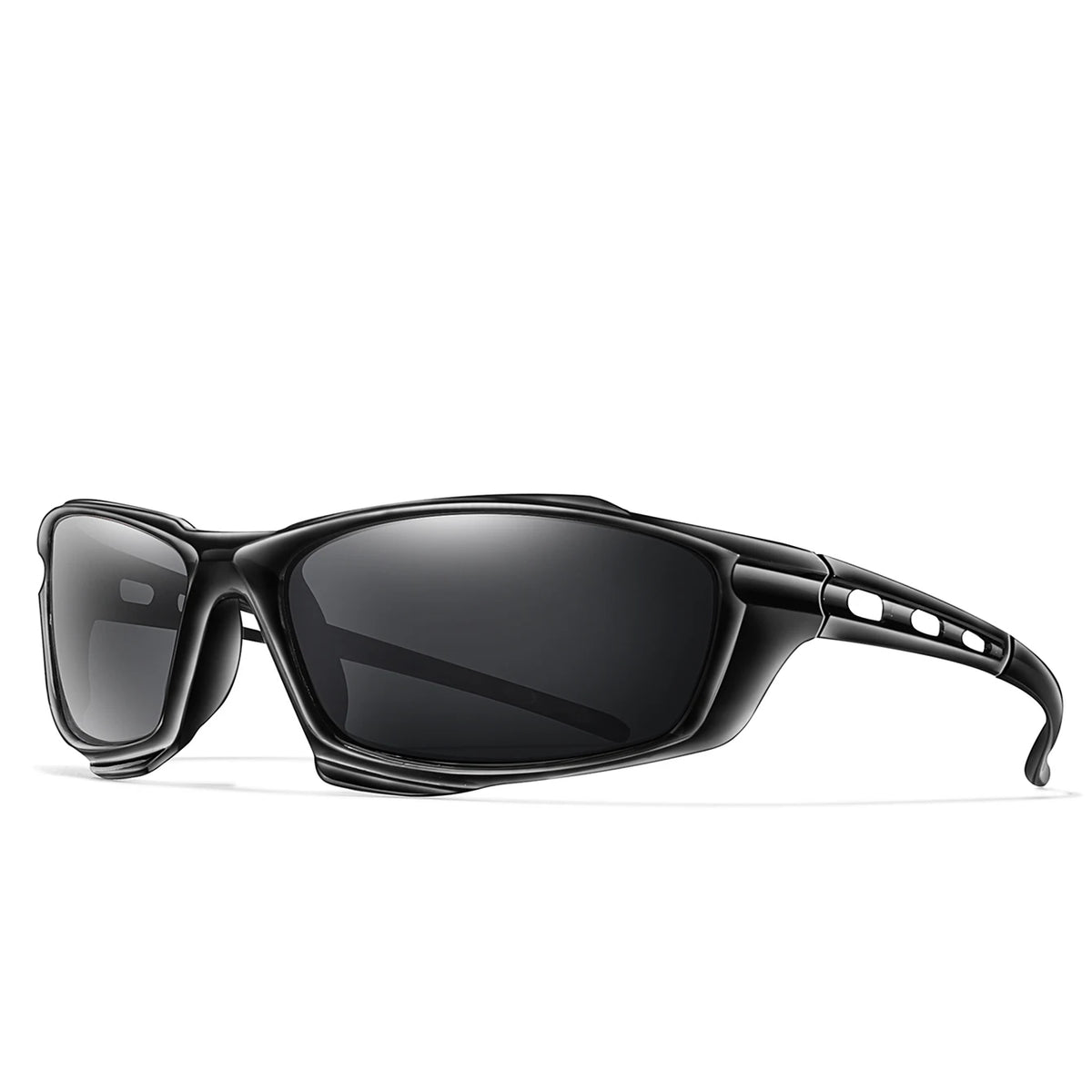 Black polarized sports sunglasses viewed from the side.