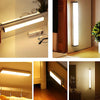 A rechargeable motion sensor LED night light with a magnetic mount is shown mounted on a wall, illuminating the area.
