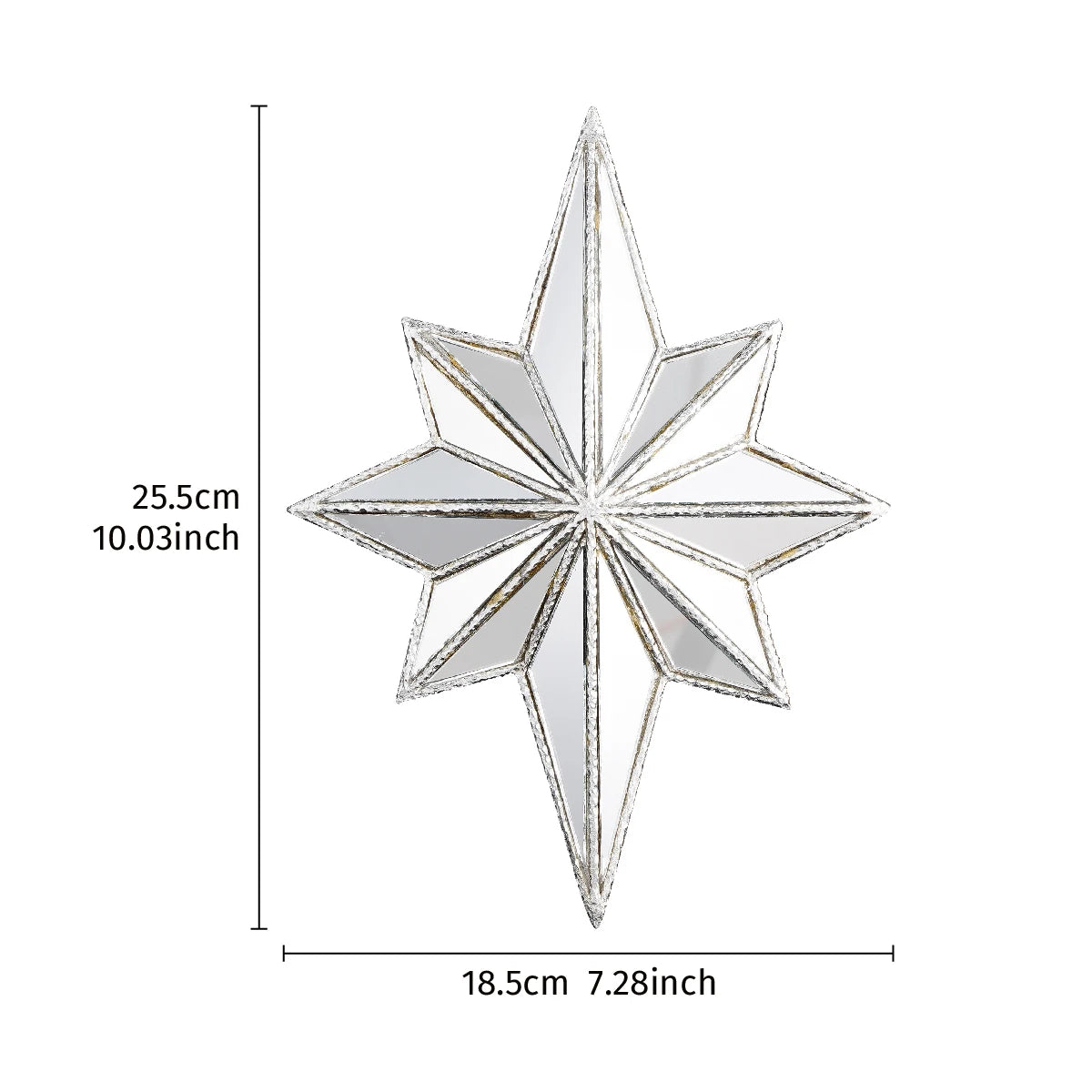 A silver octagonal star-shaped resin wall mirror with a geometric design.