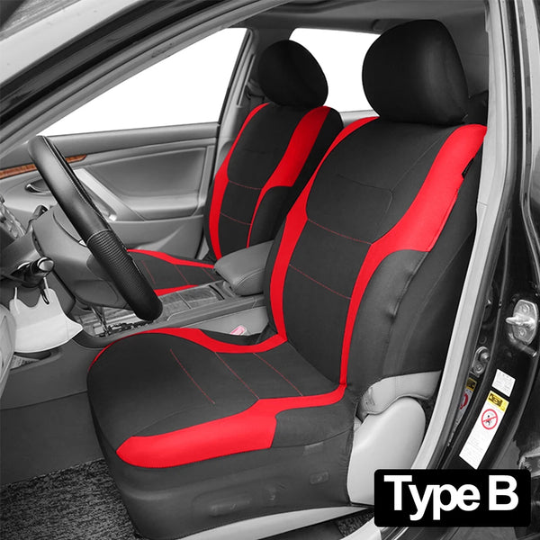 A black and red universal two-tone car seat cover set installed in a vehicle interior.