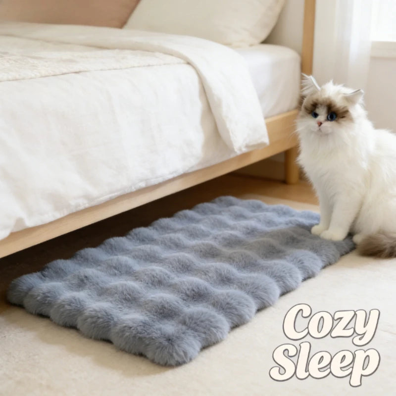 Ein flauschiger grauer Tiermatten liegt auf einem hellen Boden neben einer weißen Katze und einem Bett.