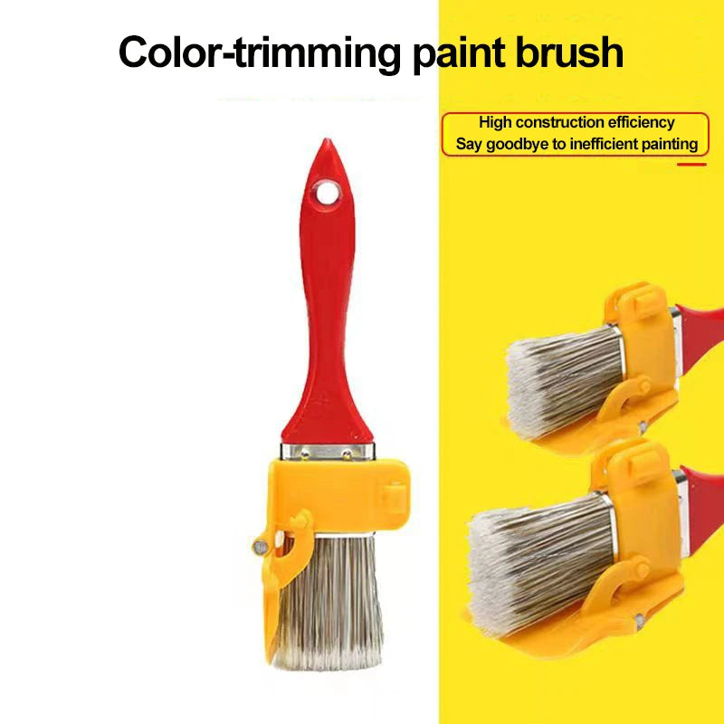 A red and yellow color-trimming paint brush with a metal corner trimmer attached.