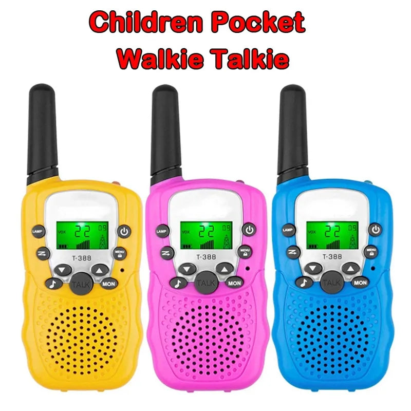 Two children's pocket walkie talkie sets in yellow and pink with flashlights