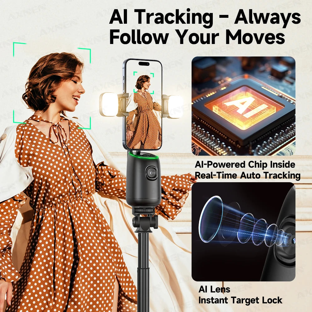 AI tracking phone gimbal showing a woman's face recognition and auto-tracking capabilities
