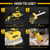 Instructions for using a cordless hot glue gun with LCD temperature control, showing battery insertion and operation.