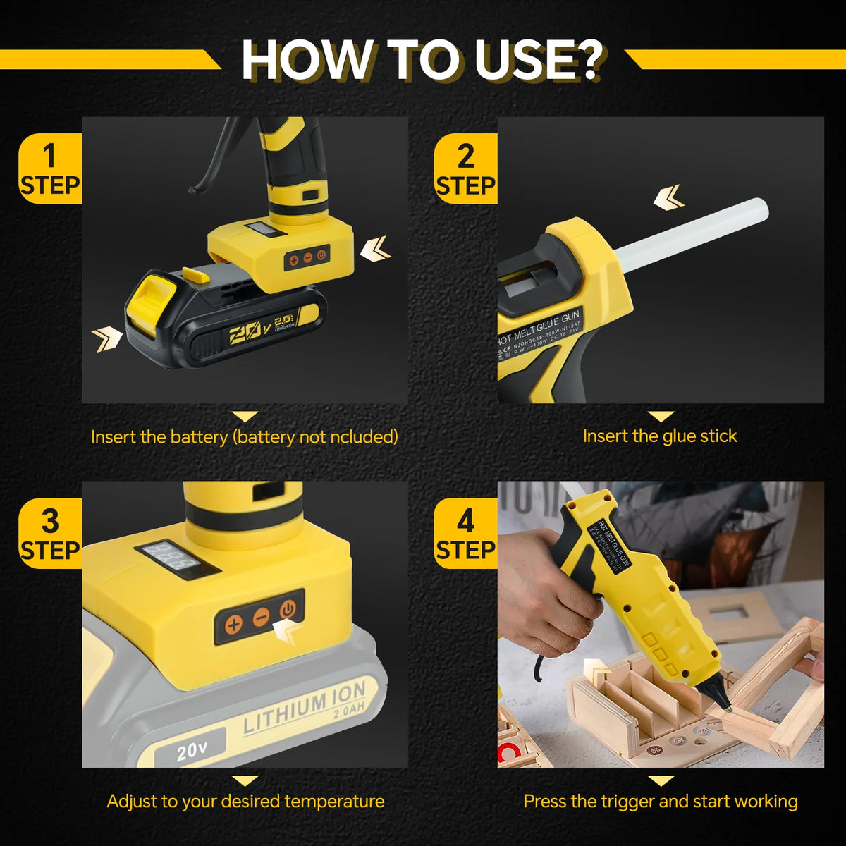 Instructions for using a cordless hot glue gun with LCD temperature control, showing battery insertion and operation.