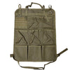 A tan tactical seat back organizer bag with seven pockets for car storage.
