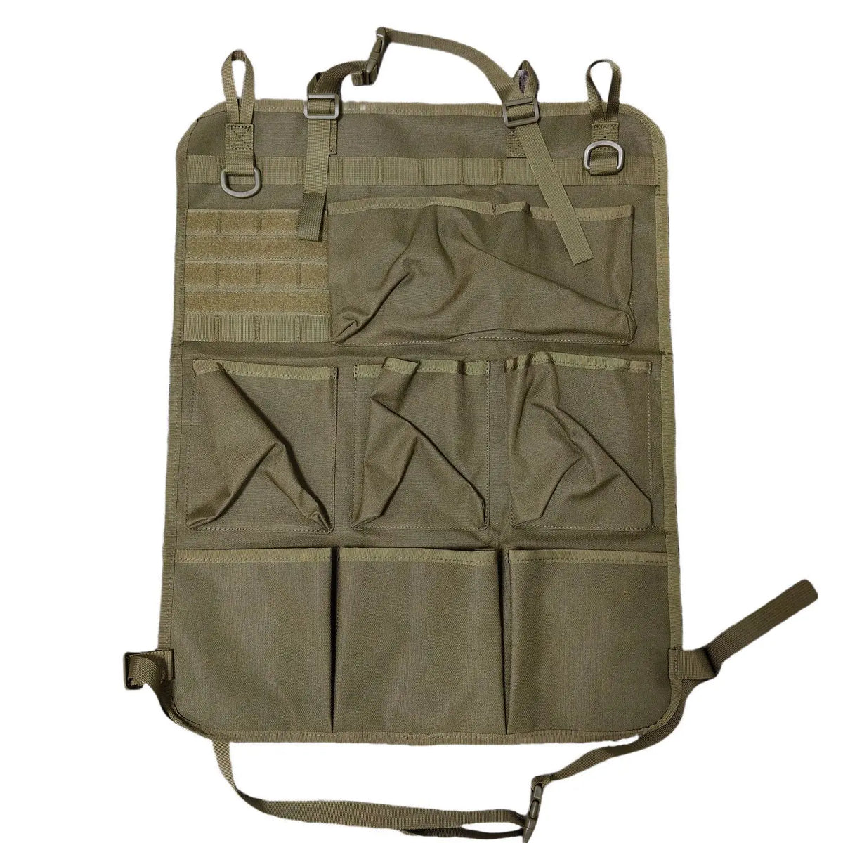 A tan tactical seat back organizer bag with seven pockets for car storage.