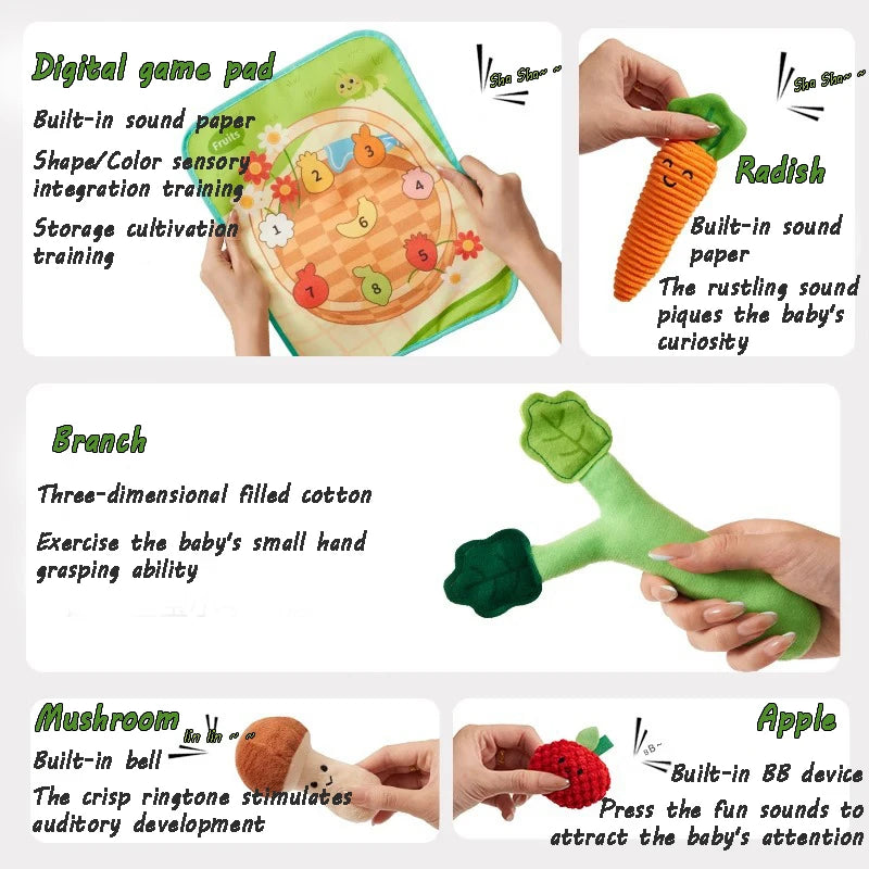 A Montessori pulling carrot toy used for shape-matching and fine motor skills training.