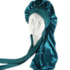 A teal satin sleep bonnet draped over a white mannequin head.
