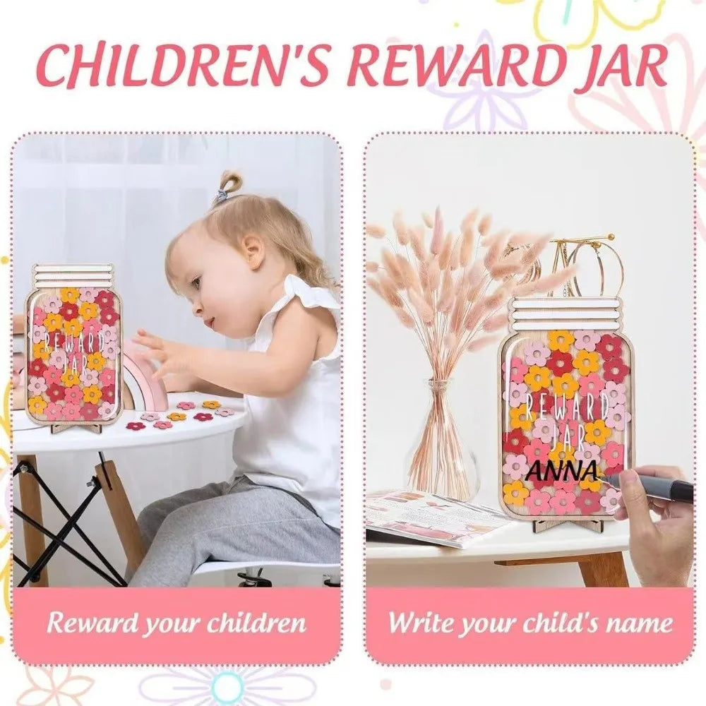 A pink and yellow wooden reward jar with a floral design is shown next to a child writing their name.