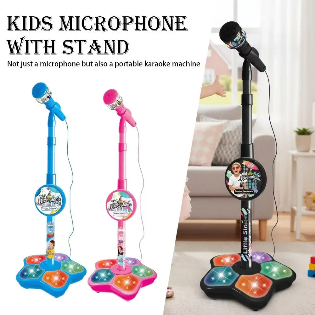 A portable karaoke microphone with a stand featuring light effects, shown in various colors.