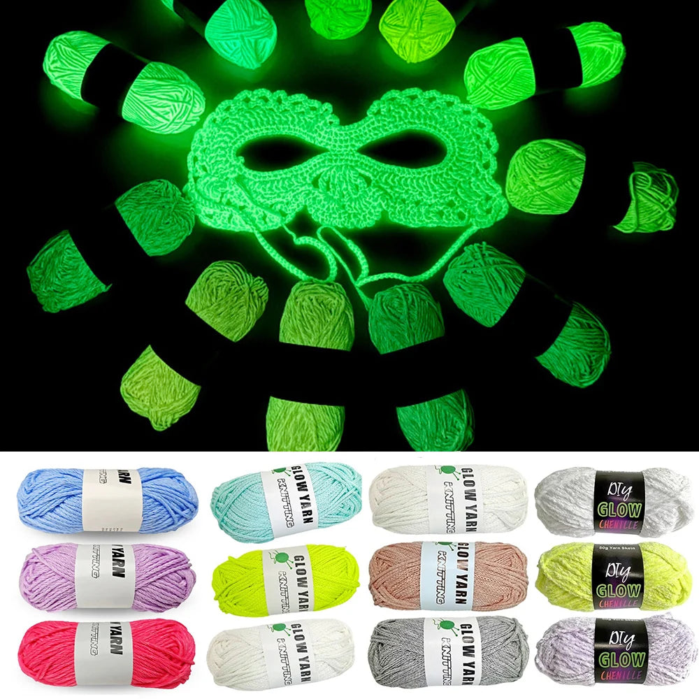 A collection of glow-in-the-dark polyester yarn in various colors including green, pink, and white.