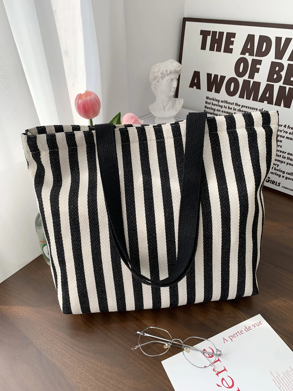 Striped Canvas Shoulder Tote Bag