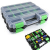 A clear plastic storage box with adjustable dividers and green accents, showing various small tools and hardware inside.