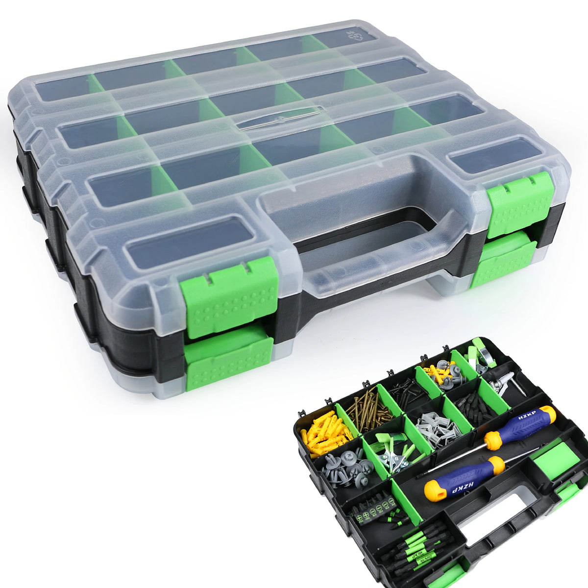 A clear plastic storage box with adjustable dividers and green accents, showing various small tools and hardware inside.