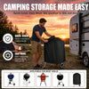 A black heavy-duty waterproof charcoal grill cover is shown being easily placed onto a portable grill.