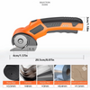 Orange cordless rotary scissors with a safety lock shown from the side and top view.