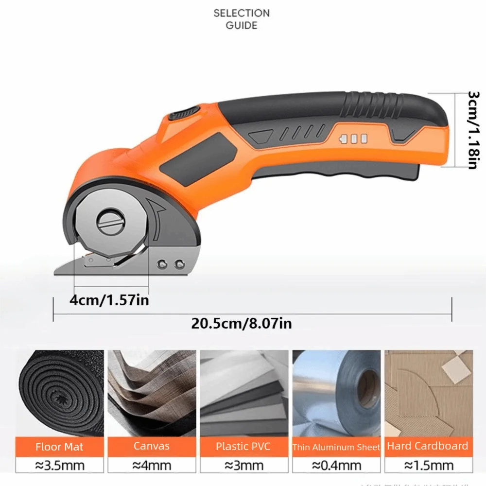 Orange cordless rotary scissors with a safety lock shown from the side and top view.