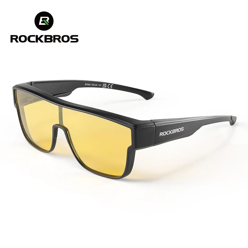 A pair of black Rockbros polarized sunglasses with yellow lenses shown against a white background.