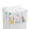 White refrigerator dust cover with storage pockets featuring a floral pattern.