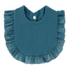 A teal knitted baby bib with ruffled edges and a small button closure.