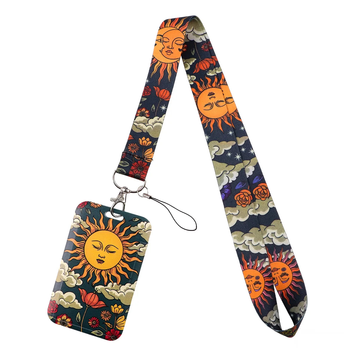 A black and orange patterned lanyard featuring a sun design attached to an ID badge holder.