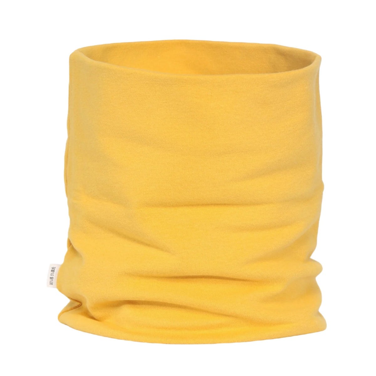 A yellow cozy cotton blend neck warmer scarf rolled up.