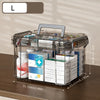 A transparent plastic first aid storage box with a handle filled with various medical supplies.