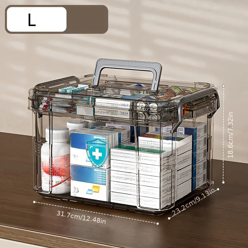 A transparent plastic first aid storage box with a handle filled with various medical supplies.