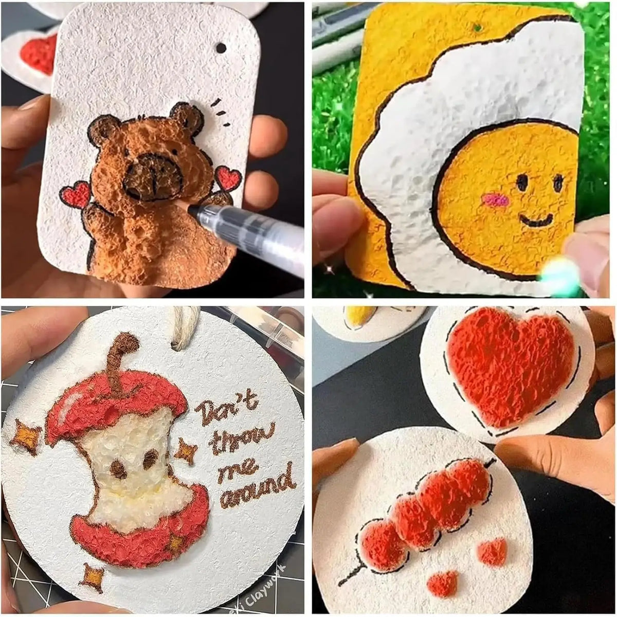 Close-up of three different art projects created using 3D puffy texture painting paper for kids DIY art
