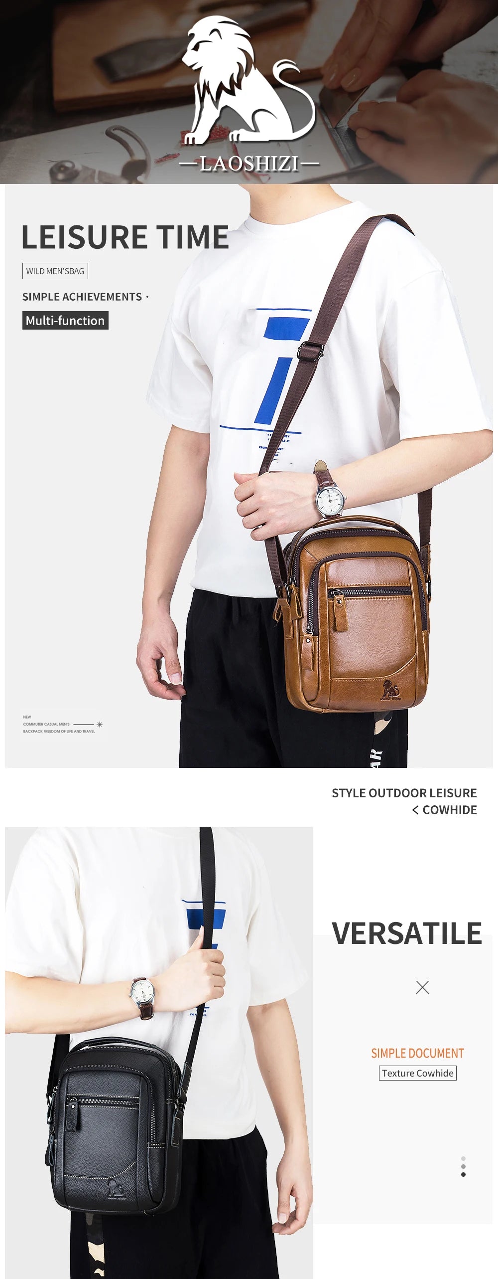 A brown leather crossbody shoulder bag worn by a man, displayed against a white background.