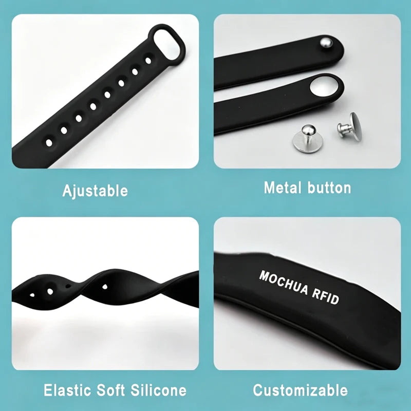 A black adjustable silicone wristband with a metal button and customizable features for RFID access control.