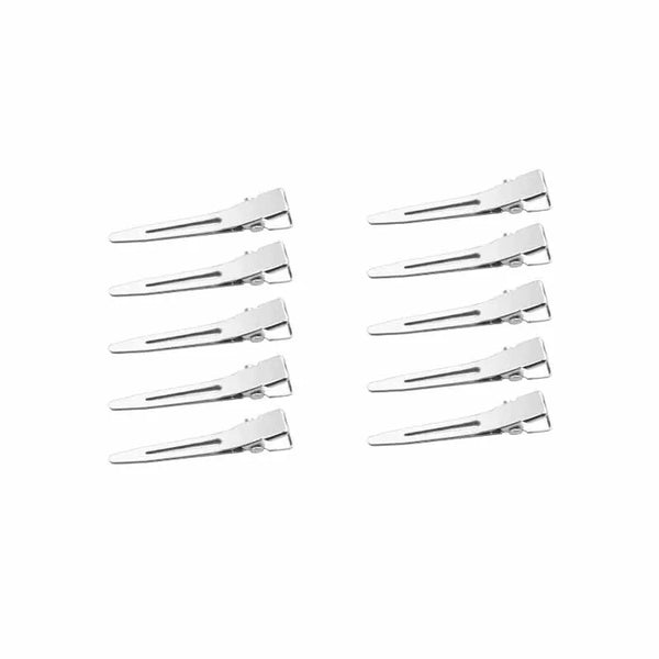 A set of professional hair curling clips shown in various angles.