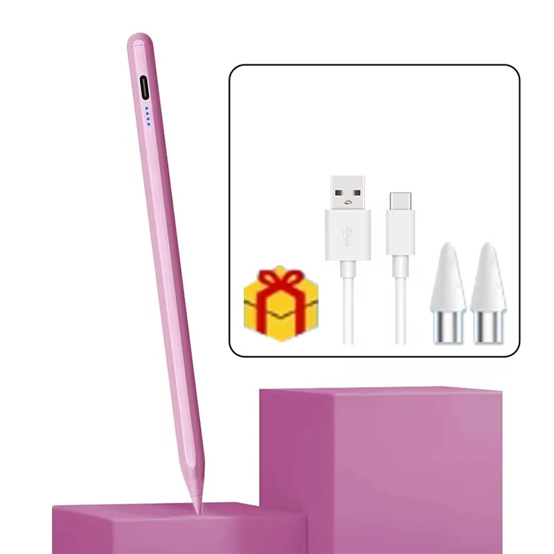 Un bolígrafo stylus rosa de precisión junto a accesorios de carga y conectores en un soporte morado.