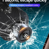 A close-up of an emergency car safety hammer with a window breaker and seatbelt cutter breaking through a car window.